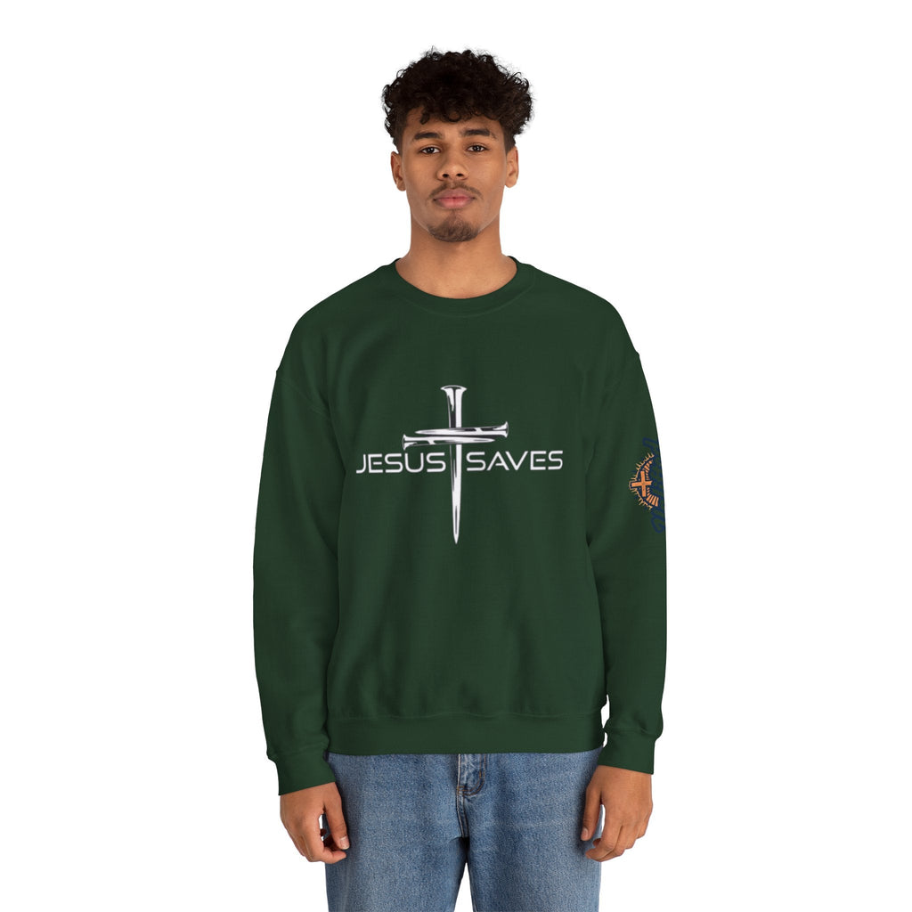 Jesus Saves Sweatshirt – 3 Nails Crucifix Cross Christian Sweatshirt for Redemption Faith & Bold Salvation Printify