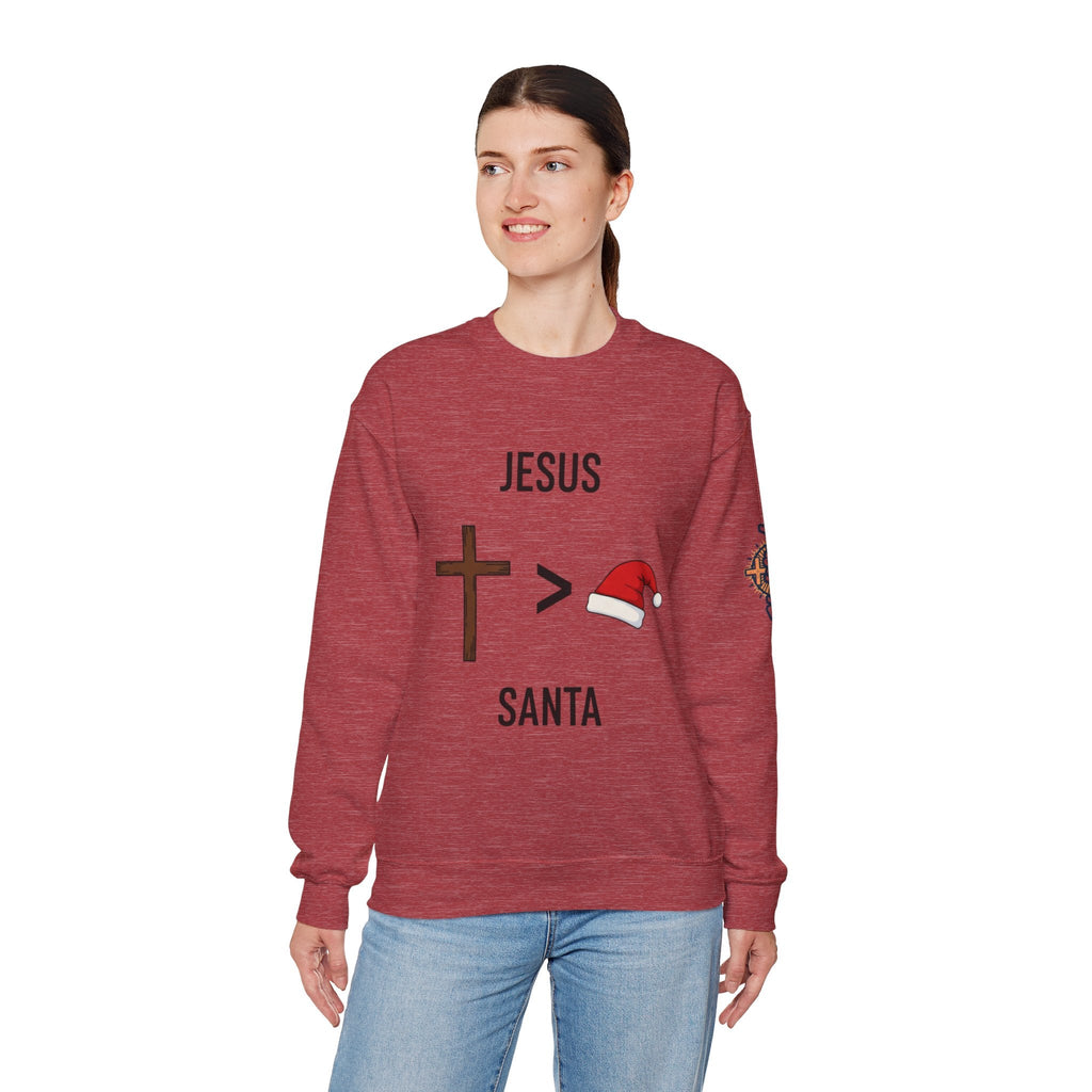 🎄 Jesus > Santa – Minimalist Christian Christmas Sweatshirt | Bold Faith Over Holiday Tee | Cross vs Santa Hat Design | Uplifted Gear Printify