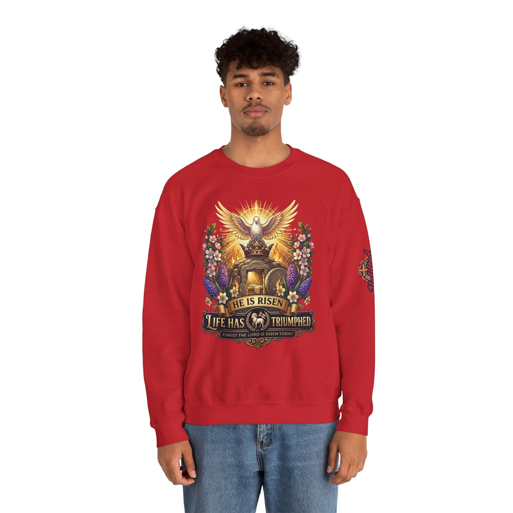 He Is Risen "Life Has Triumphed" Sweatshirt — Easter Resurrection Christian Sweatshirt Printify