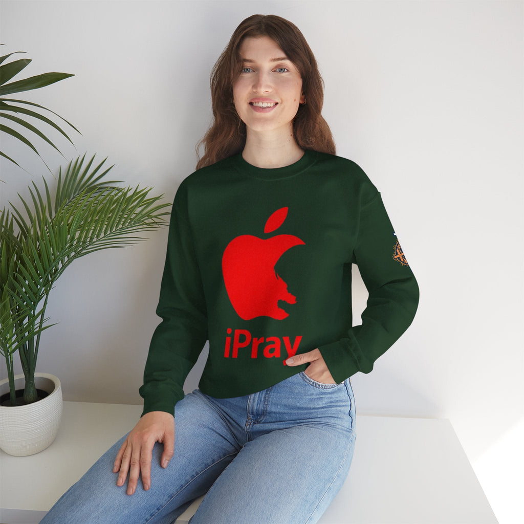 iPray Apple Logo Sweatshirt — Funny Christian Sweatshirt (Minimal Red Apple Graphic) Printify