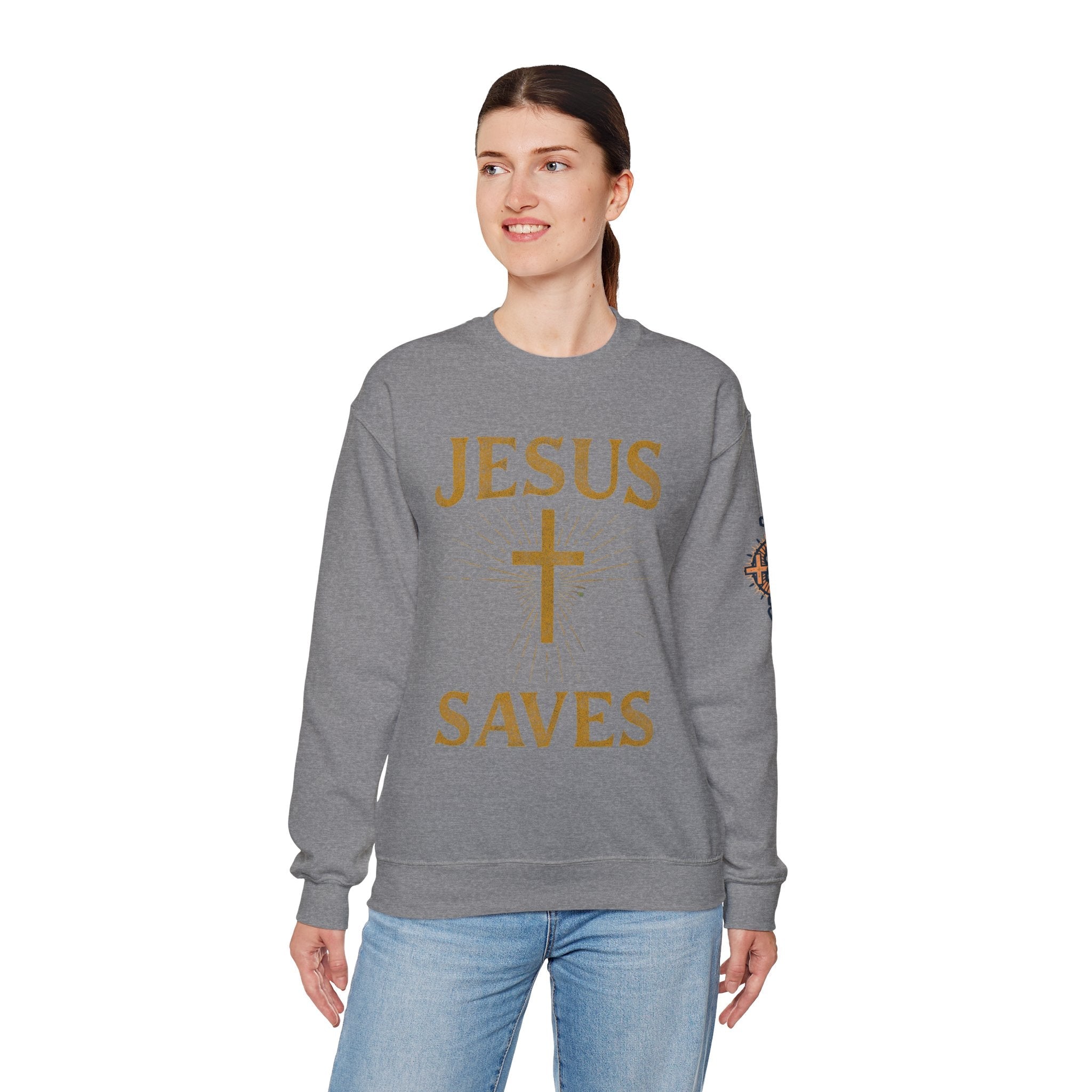 Jesus Saves Sweatshirt – Radiant Cross & Rays of Light Christian Sweatshirt for Eternal Hope & Faith Printify
