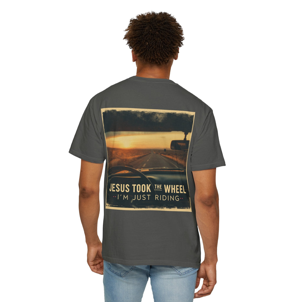 Jesus Took the Wheel I'm Just Riding T-shirt – Funny Christian Convertible Car T-shirt for Surrendered Faith & Humor Printify