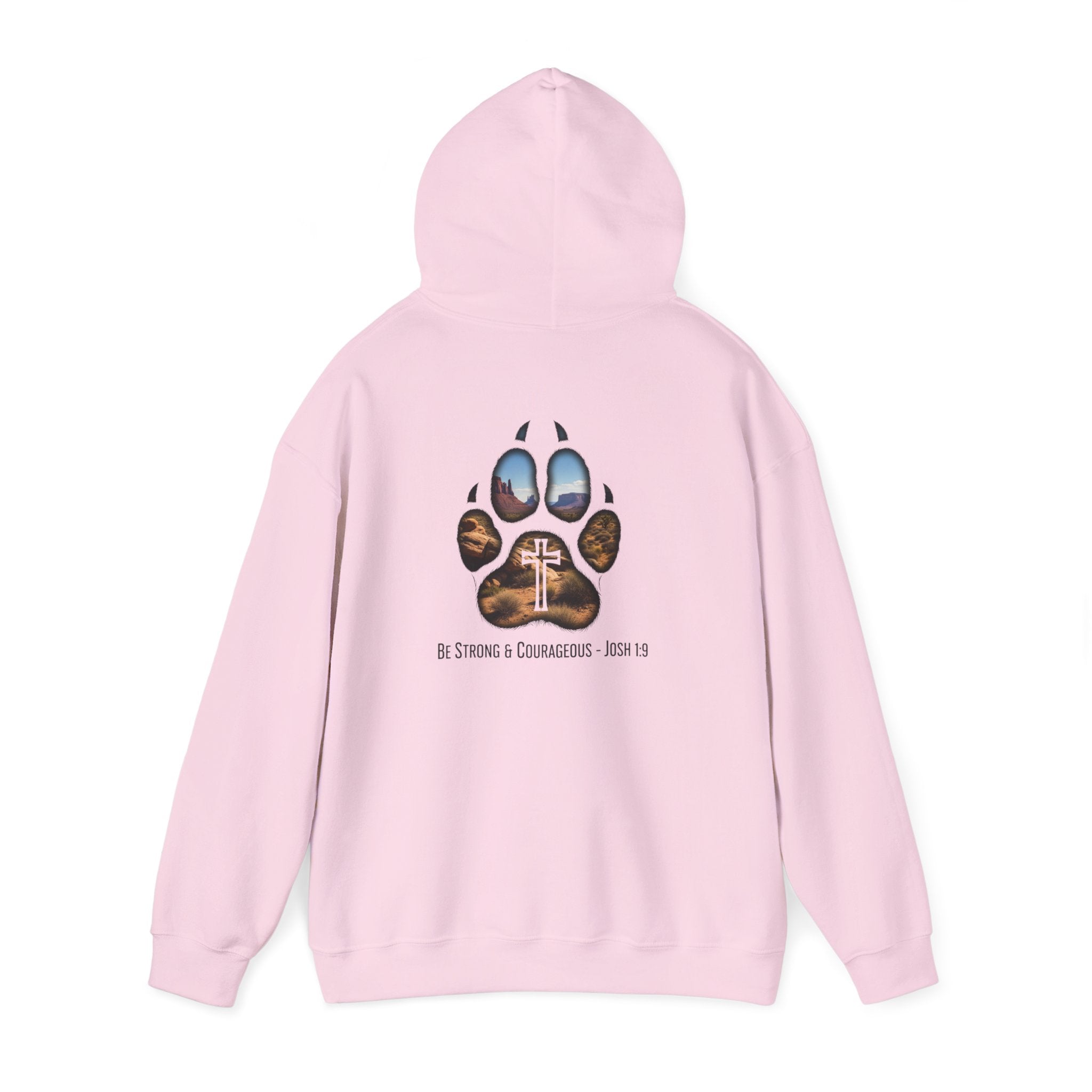 Strong and Courageous Hoodie – Joshua 1:9 Canine Pawprint Desert Christian Hoodie for Dog Lovers Printify