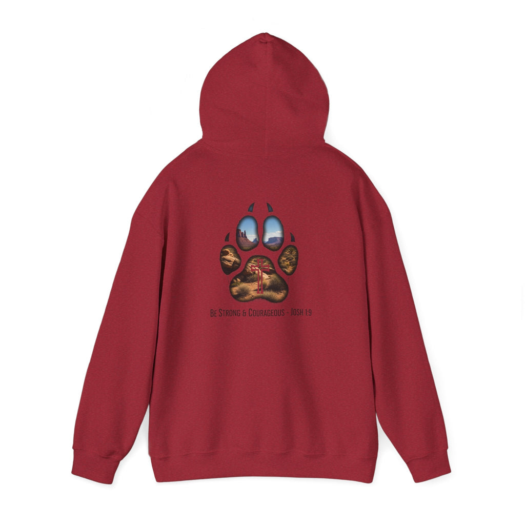 Strong and Courageous Hoodie – Joshua 1:9 Canine Pawprint Desert Christian Hoodie for Dog Lovers Printify