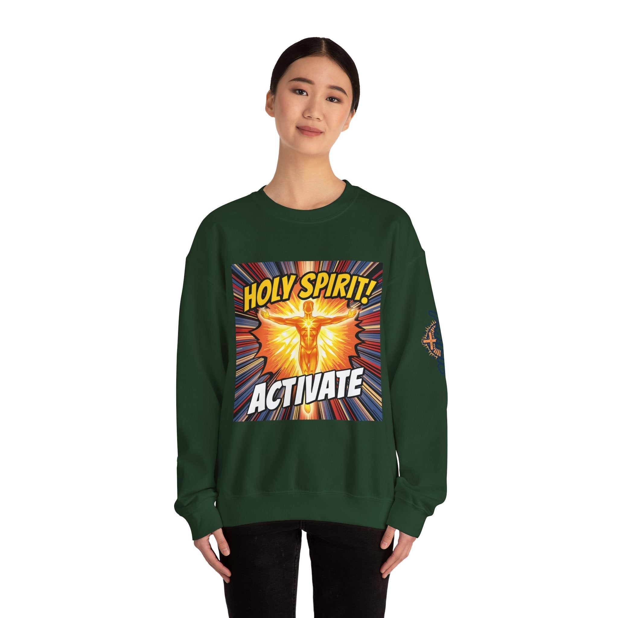 Holy Spirit Activate Sweatshirt – Superhero Christian Sweatshirt with Vibrant Power-Up Design for Faith-Fueled Boldness Printify