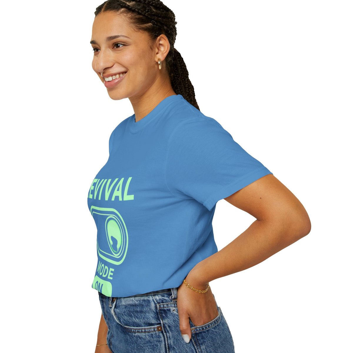 🔥 Revival Mode: ON – Christian Techwear T-Shirt | Glowing Green Faith Switch | Futuristic Jesus Shirt | Activate Your Spiritual Awakening | Uplifted Gear Printify