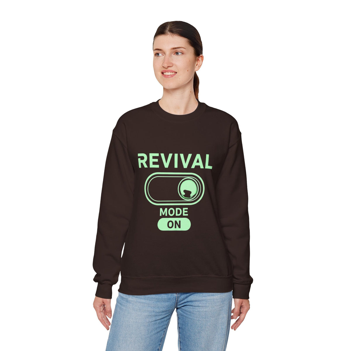 🔥 Revival Mode: ON – Christian Techwear Sweatshirt | Glowing Green Faith Switch | Futuristic Jesus Shirt | Activate Your Spiritual Awakening | Uplifted Gear Printify