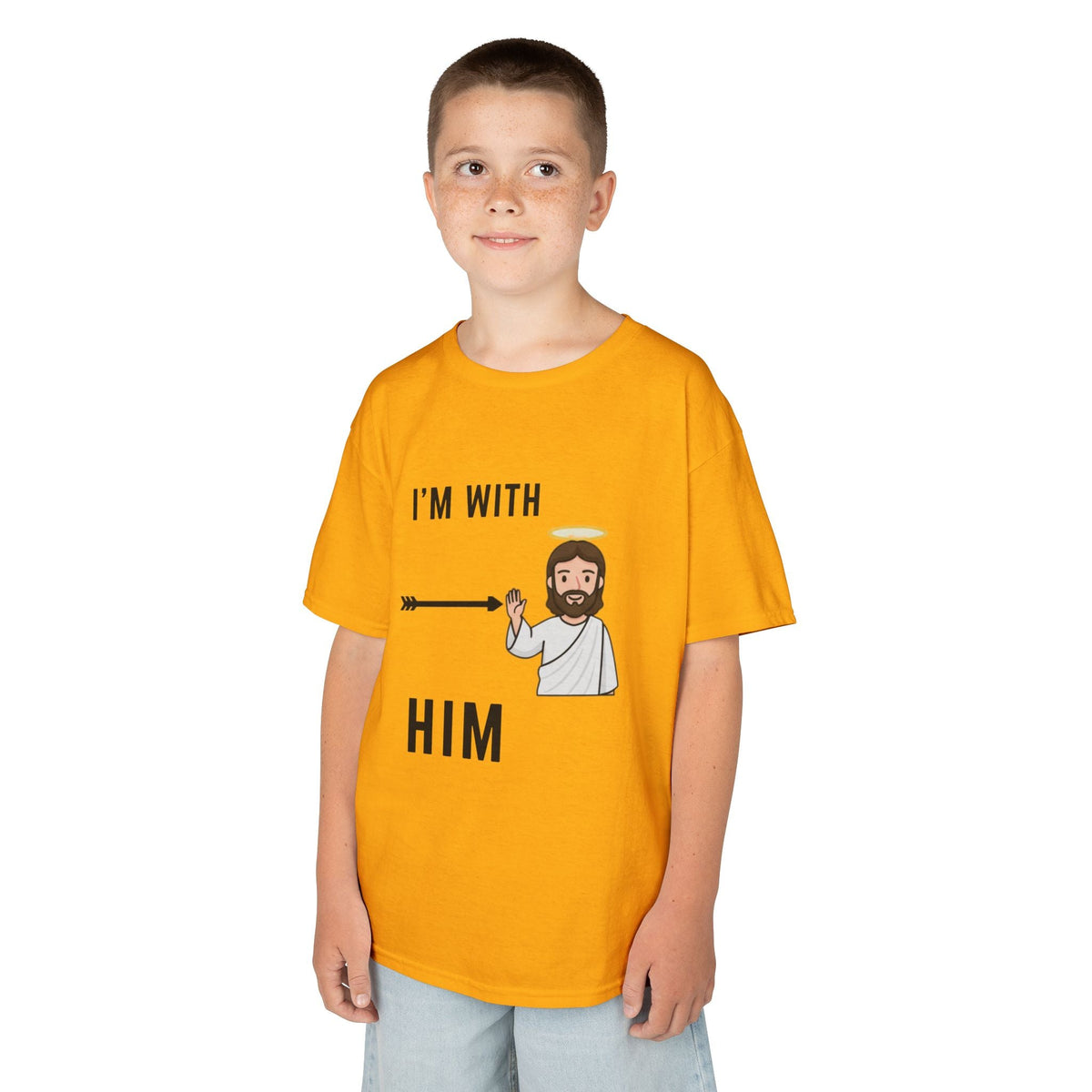 🔥 I’m With Him → Christian Kids T-Shirt | Arrow Pointing to Jesus | Minimalist Faith Tee | Subtle Cross Design | Bible-Inspired Apparel by Uplifted Gear Printify