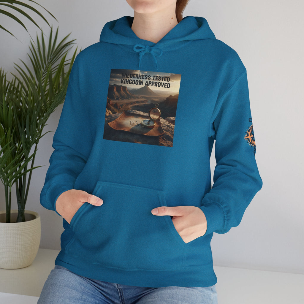 Wilderness Tested Kingdom Approved Hoodie – Mountain Desert Compass Crown Christian Sweatshirt for Biblical Adventure Faith Printify