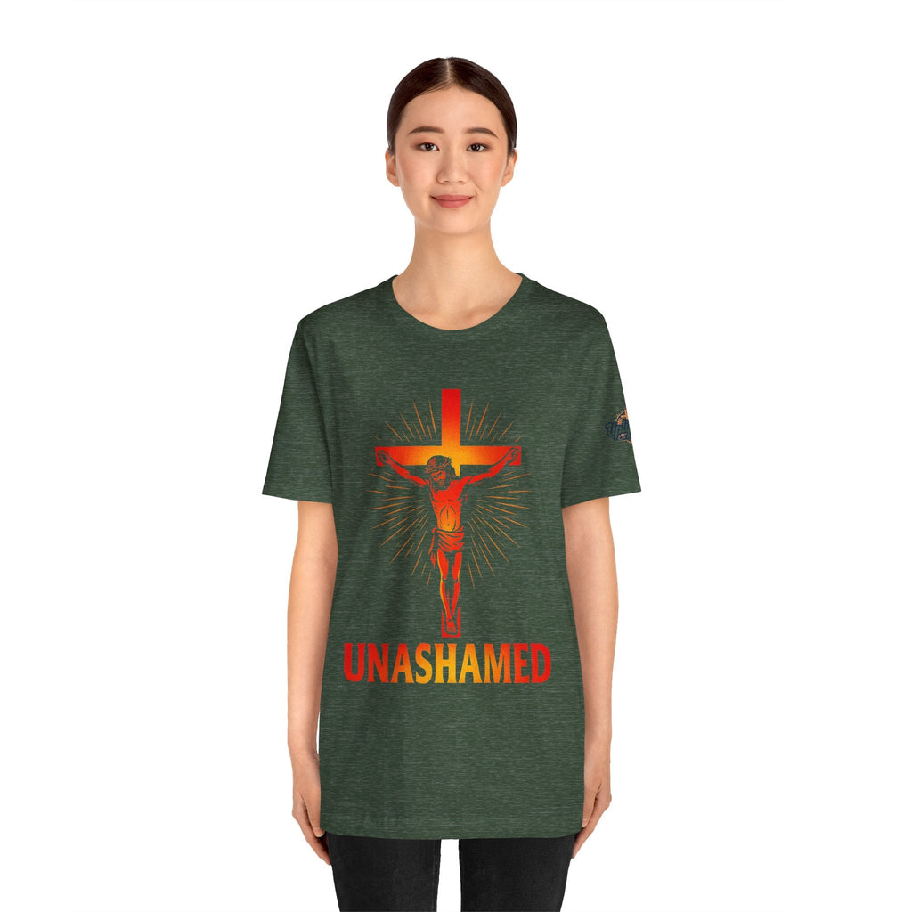 Unashamed T-shirt – Romans 1:16 Crucifixion Christian t-shirt for Bold Unwavering Faith Printify