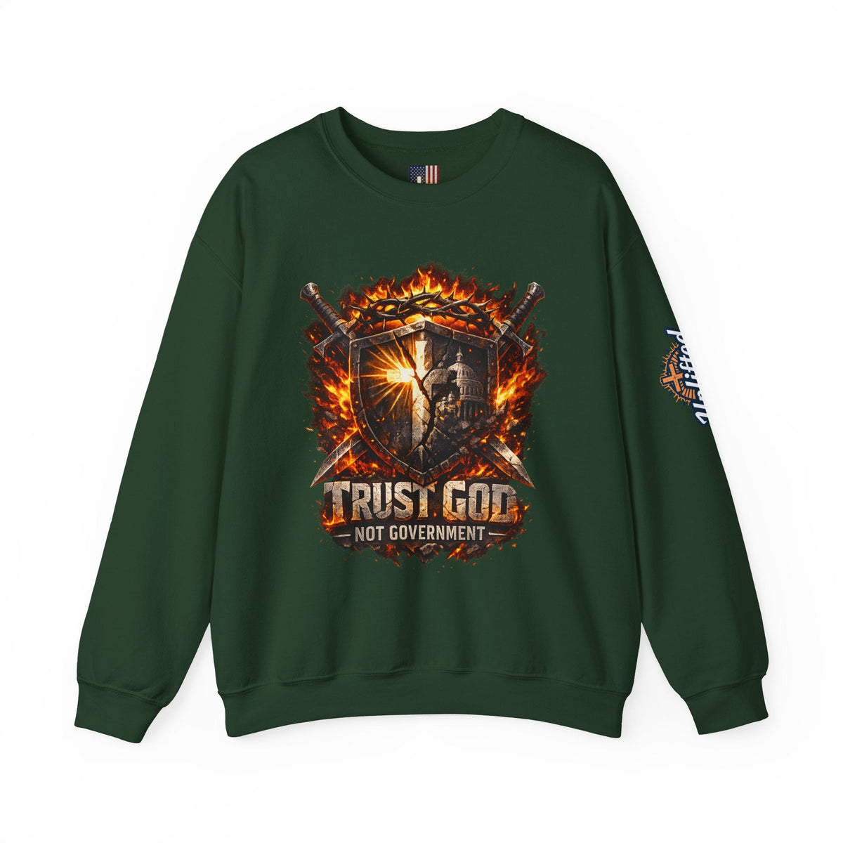 Trust God Not Government Shield Sweatshirt — Patriotic Christian Faith Sweatshirt Printify