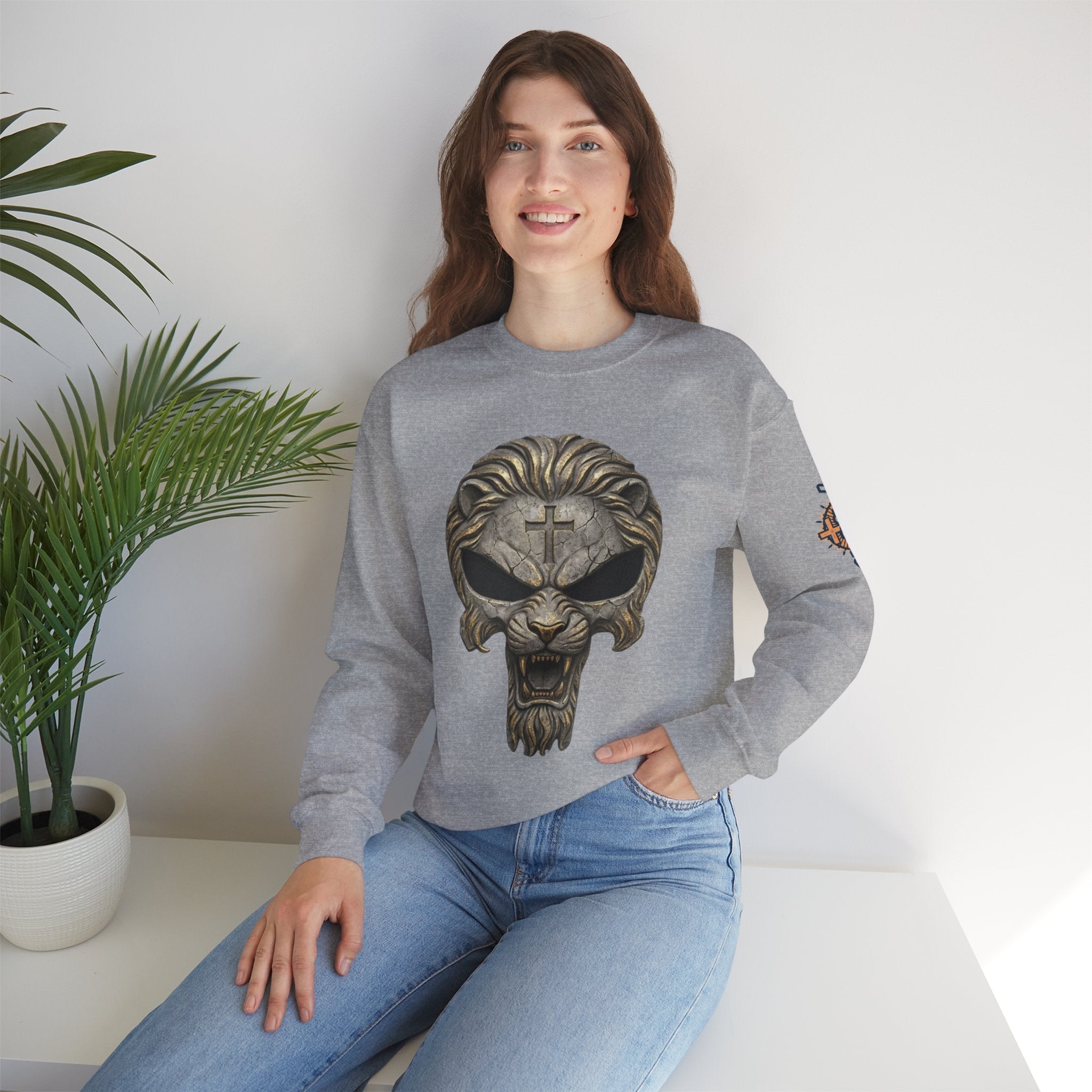 Lion of Judah Skull Christian Sweatshirt - Warrior Faith Cross Sweatshirt Printify