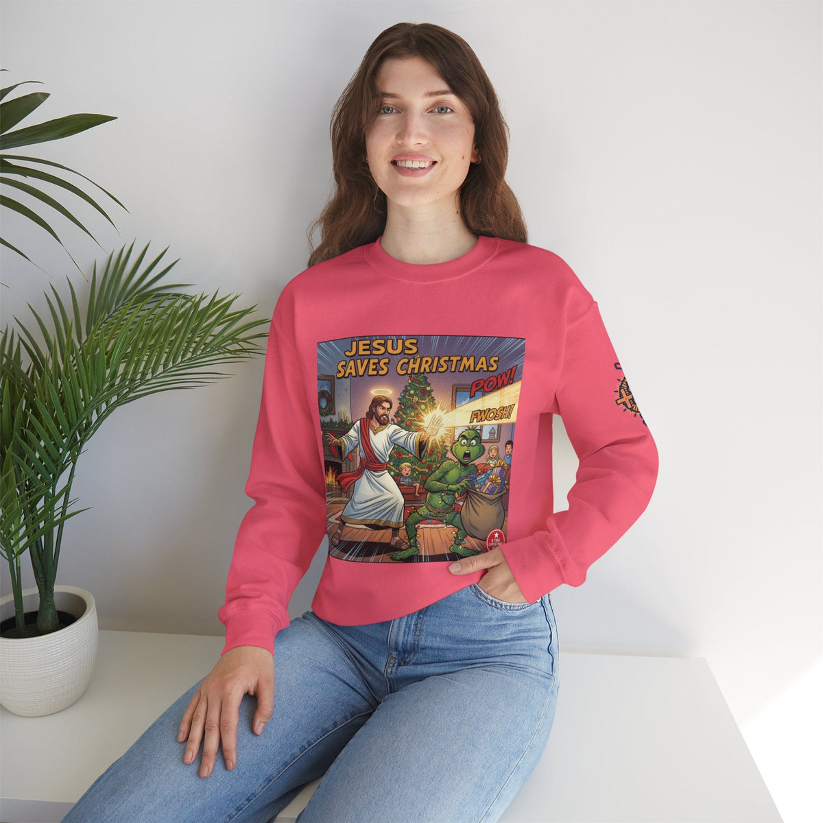 Jesus Saves Christmas Sweatshirt – Grinch vs Savior Light Battle Christian Sweatshirt for Hilarious Holiday Faith & True Joy Printify