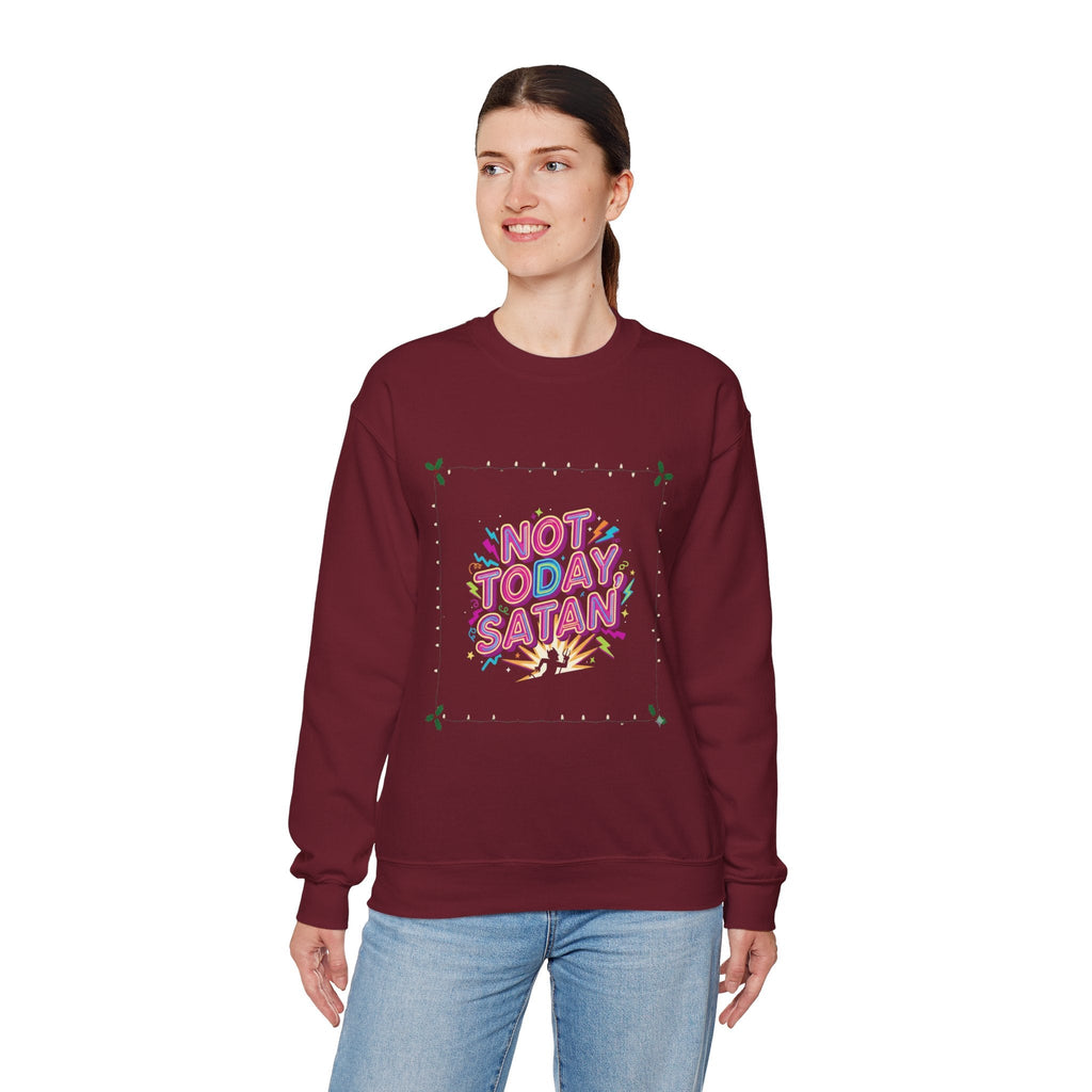 🔥 Not Today, Satan – Retro 90s Christian Sweatshirt | Neon Faith Tee | Funky Cartoon Devil | Bold Bible Verse Shirt | Uplifted Gear Printify
