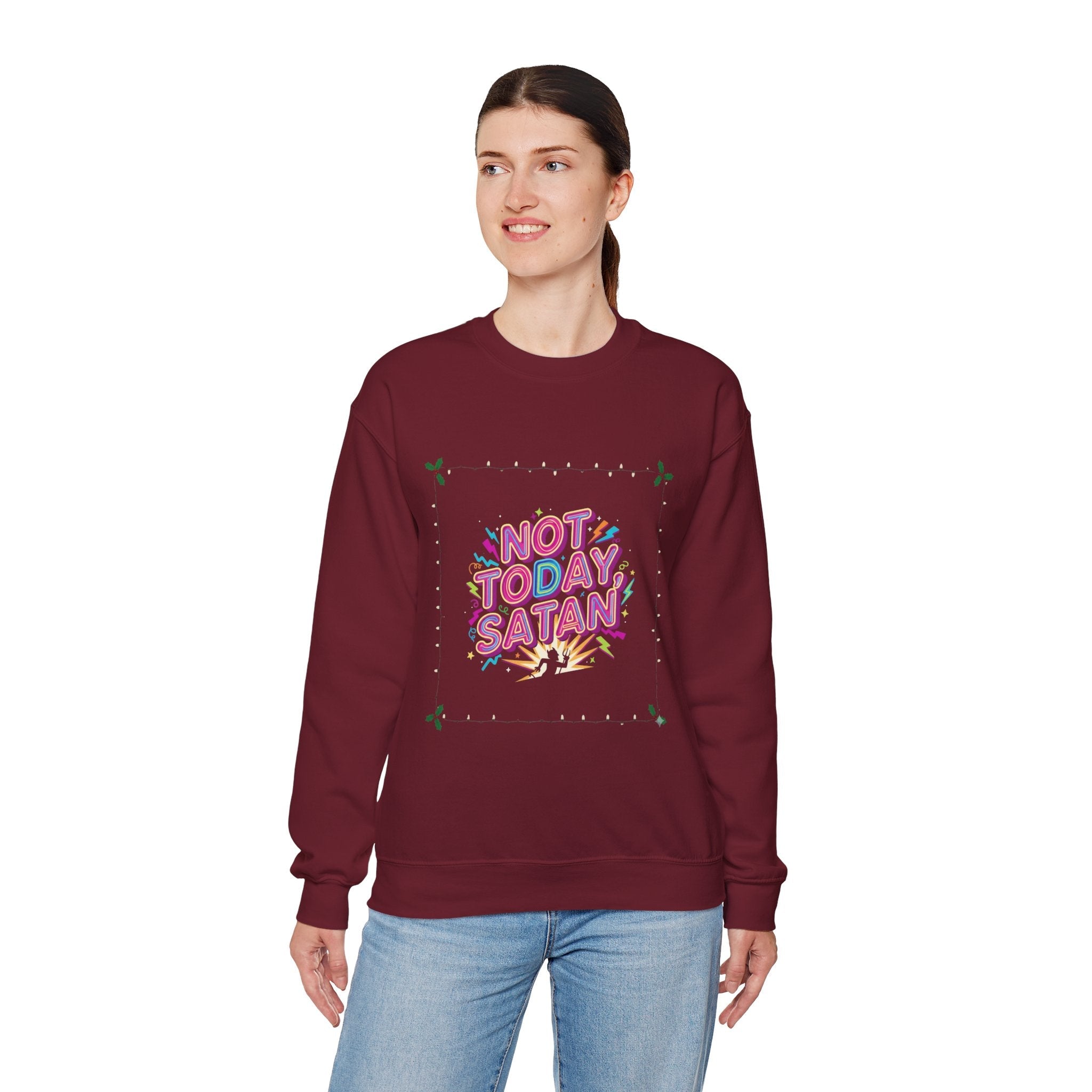 🔥 Not Today, Satan – Retro 90s Christian Sweatshirt | Neon Faith Tee | Funky Cartoon Devil | Bold Bible Verse Shirt | Uplifted Gear Printify