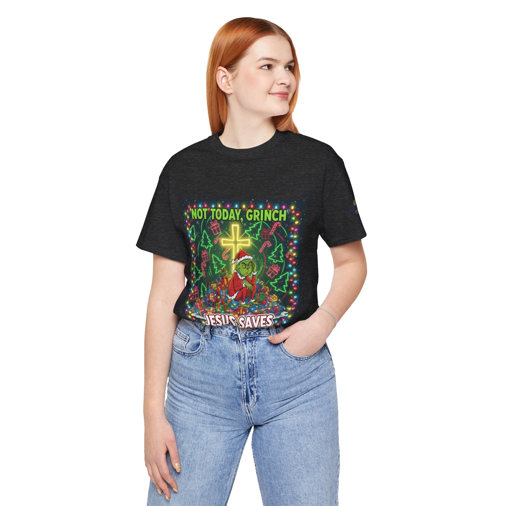 🎄 Not Today, Grinch – Jesus Saves | Funny Christian Christmas T-Shirt | Festive Green & Red Cartoon Style | Bold Faith Holiday Tee by Uplifted Gear Printify