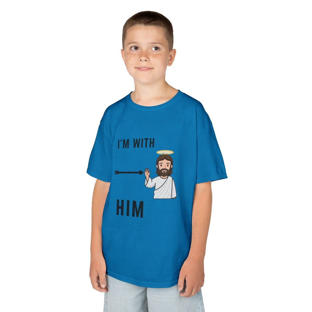 🔥 I’m With Him → Christian Kids T-Shirt | Arrow Pointing to Jesus | Minimalist Faith Tee | Subtle Cross Design | Bible-Inspired Apparel by Uplifted Gear Printify
