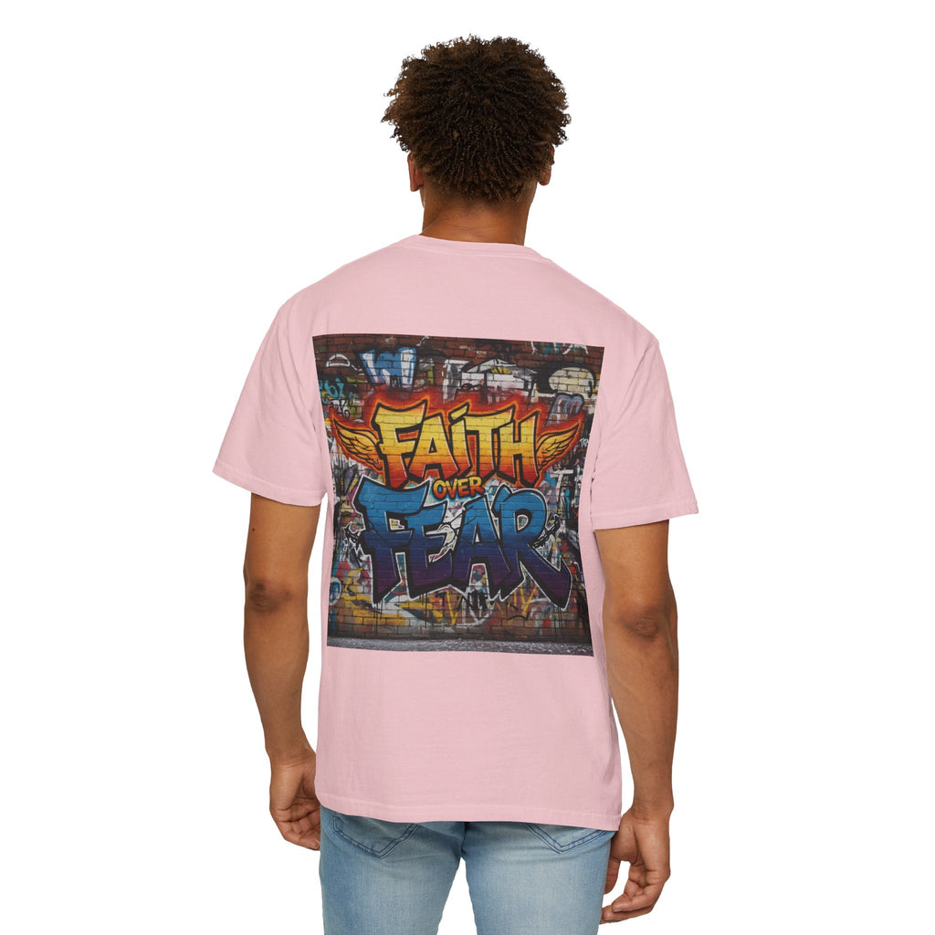 Faith Over Fear T-shirt – Graffiti Wall Christian T-shirt for Bold 2 Corinthians 5:7 Streetwear & Unshakable Faith Printify