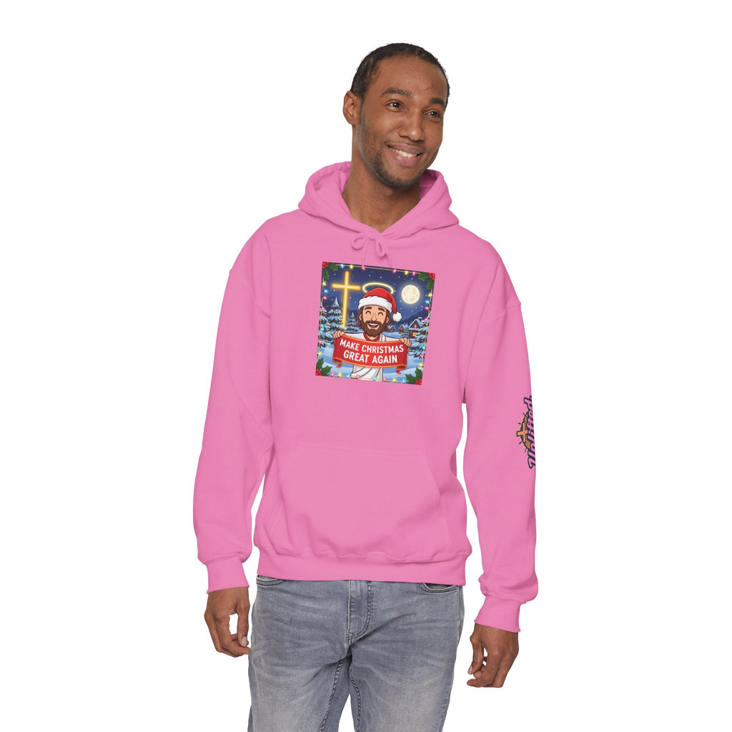 🎄 Make Christmas Great Again – Funny Christian Hoodie | Jesus Holding Banner | Faith-Based Holiday Parody Tee | Uplifted Gear Printify