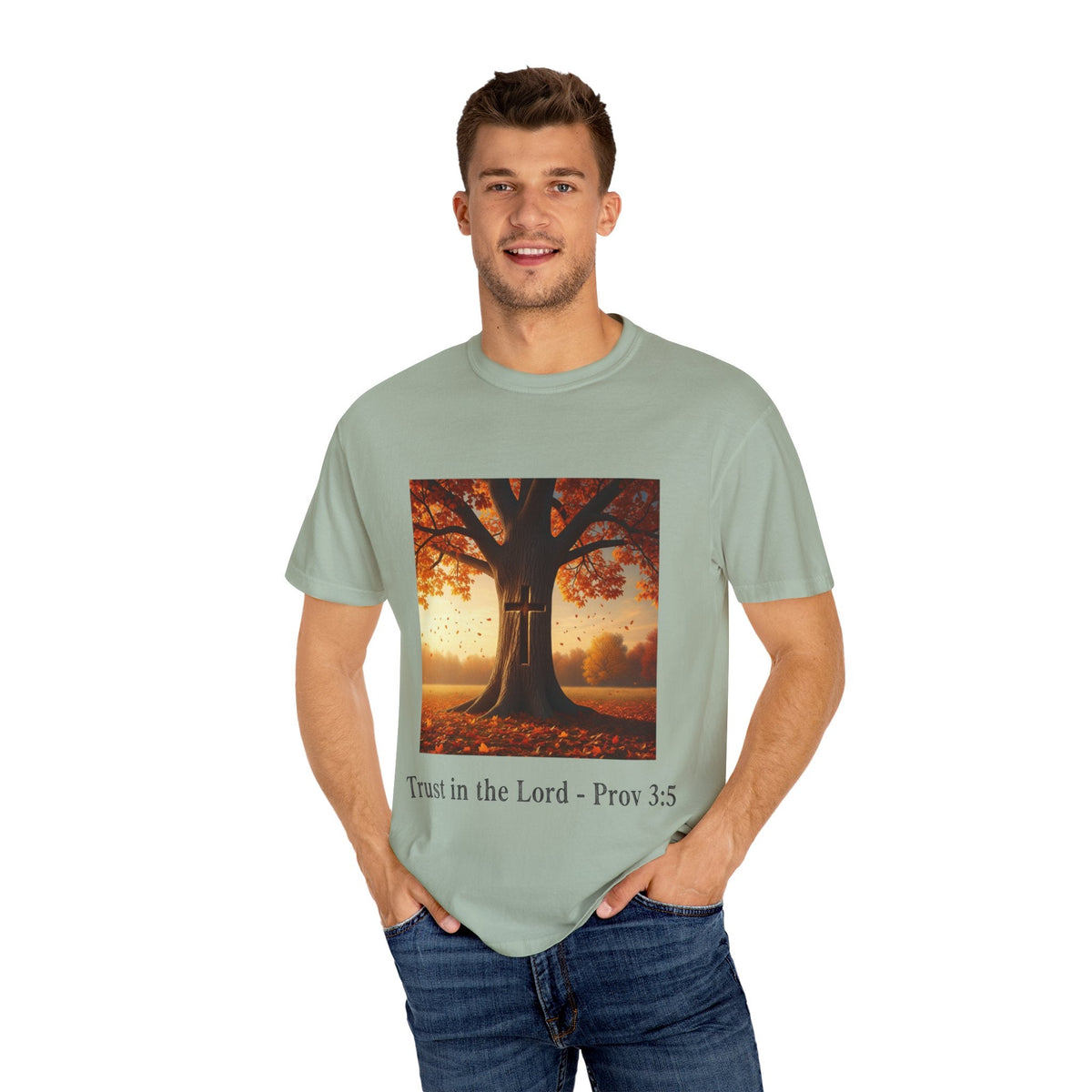 Trust in the Lord T-Shirt – Autumn Tree Christian Tee with Proverbs 3:5 Printify