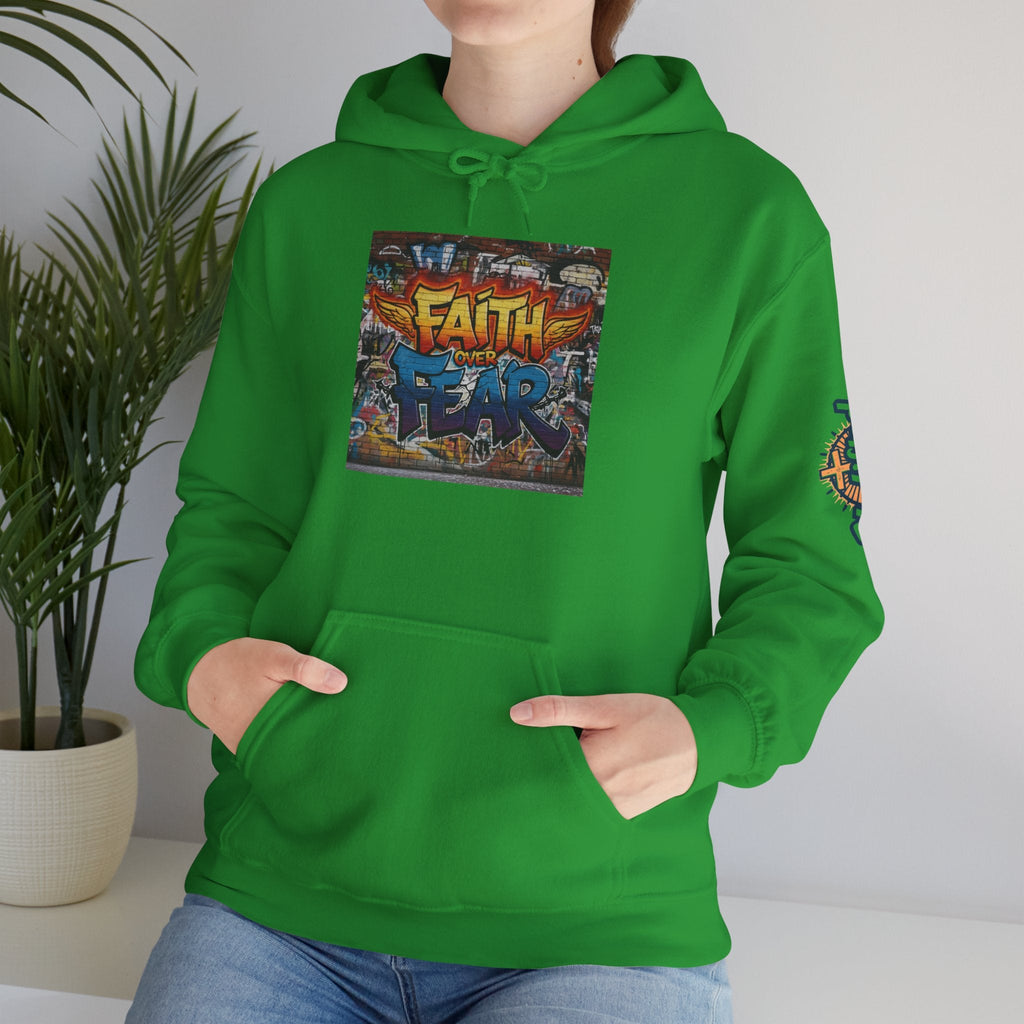 Faith Over Fear Hoodie – Graffiti Wall Christian Sweatshirt for Bold 2 Corinthians 5:7 Streetwear & Unshakable Faith Printify