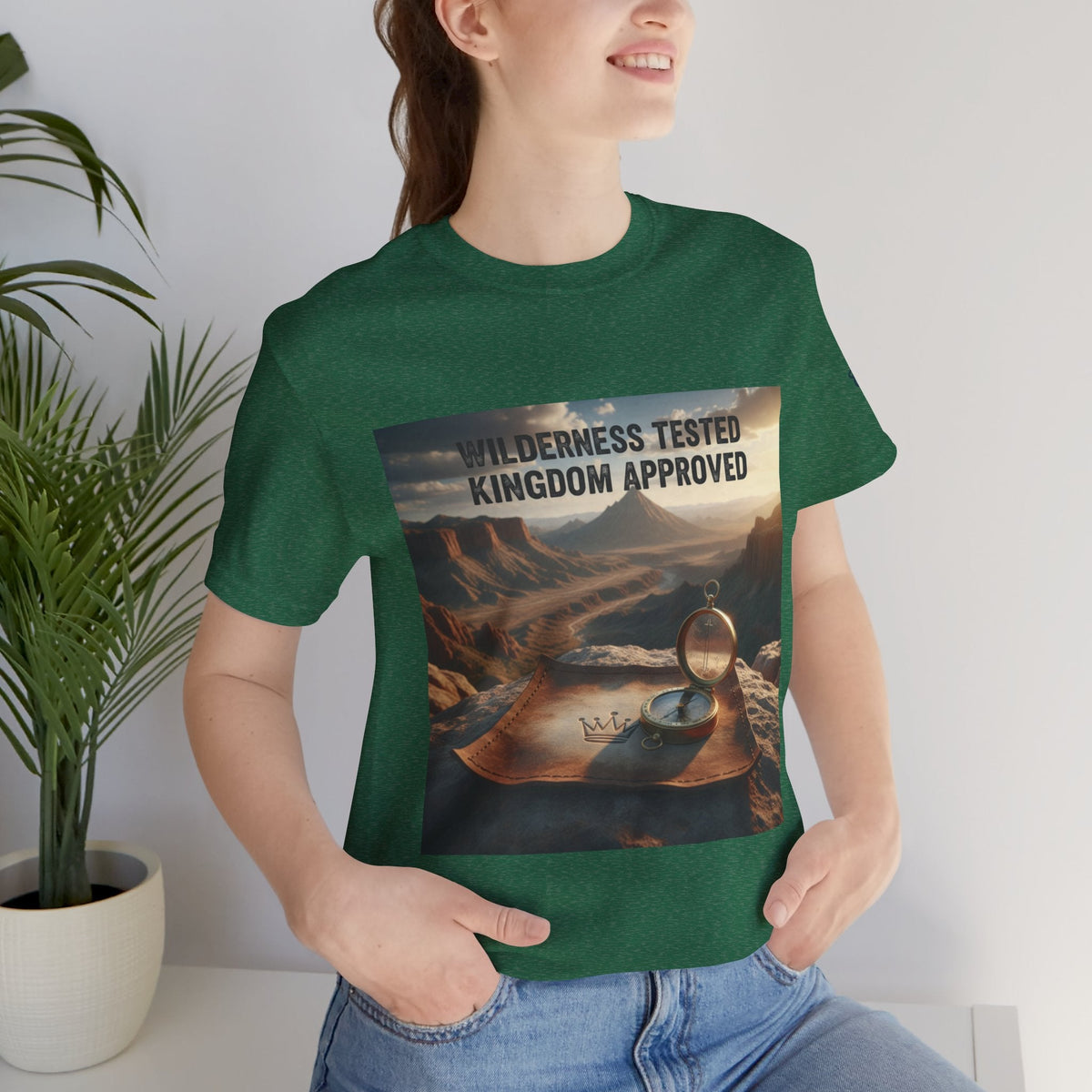 Wilderness Tested Kingdom Approved T-shirt – Mountain Desert Compass Crown Christian T-shirt for Biblical Adventure Faith Printify