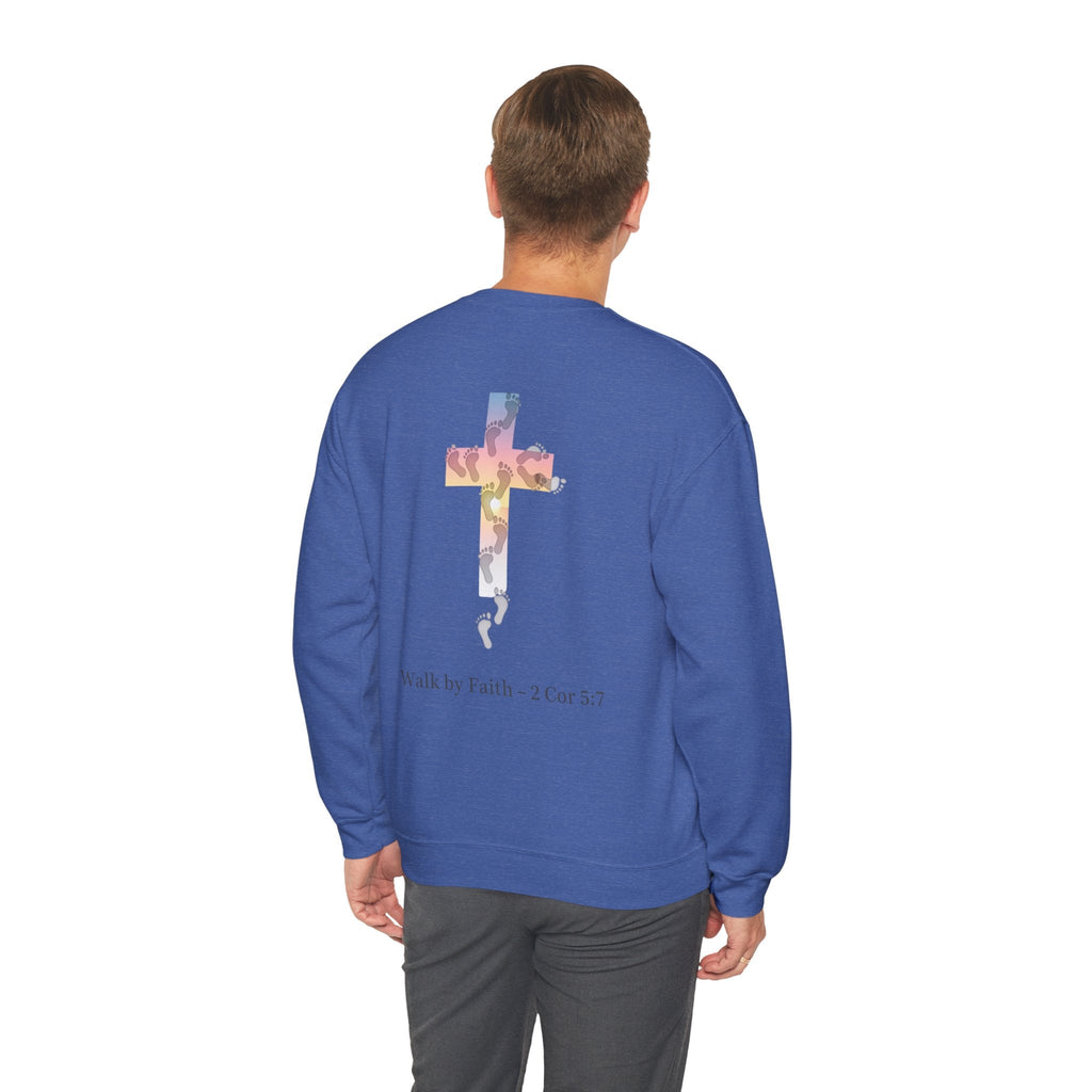 Walk by Faith Sweatshirt – Cross & Footprints Christian Sweatshirt for Cozy Inspiration Printify