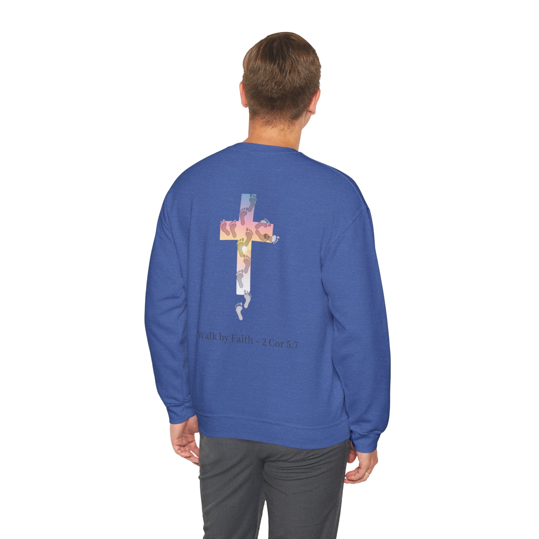 Walk by Faith Sweatshirt – Cross & Footprints Christian Sweatshirt for Cozy Inspiration Printify