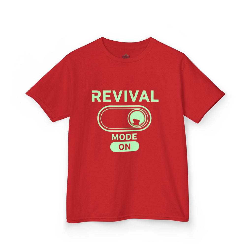 🔥 Revival Mode: ON – Christian Techwear Kids T-Shirt | Glowing Green Faith Switch | Futuristic Jesus Shirt | Activate Your Spiritual Awakening | Uplifted Gear Printify