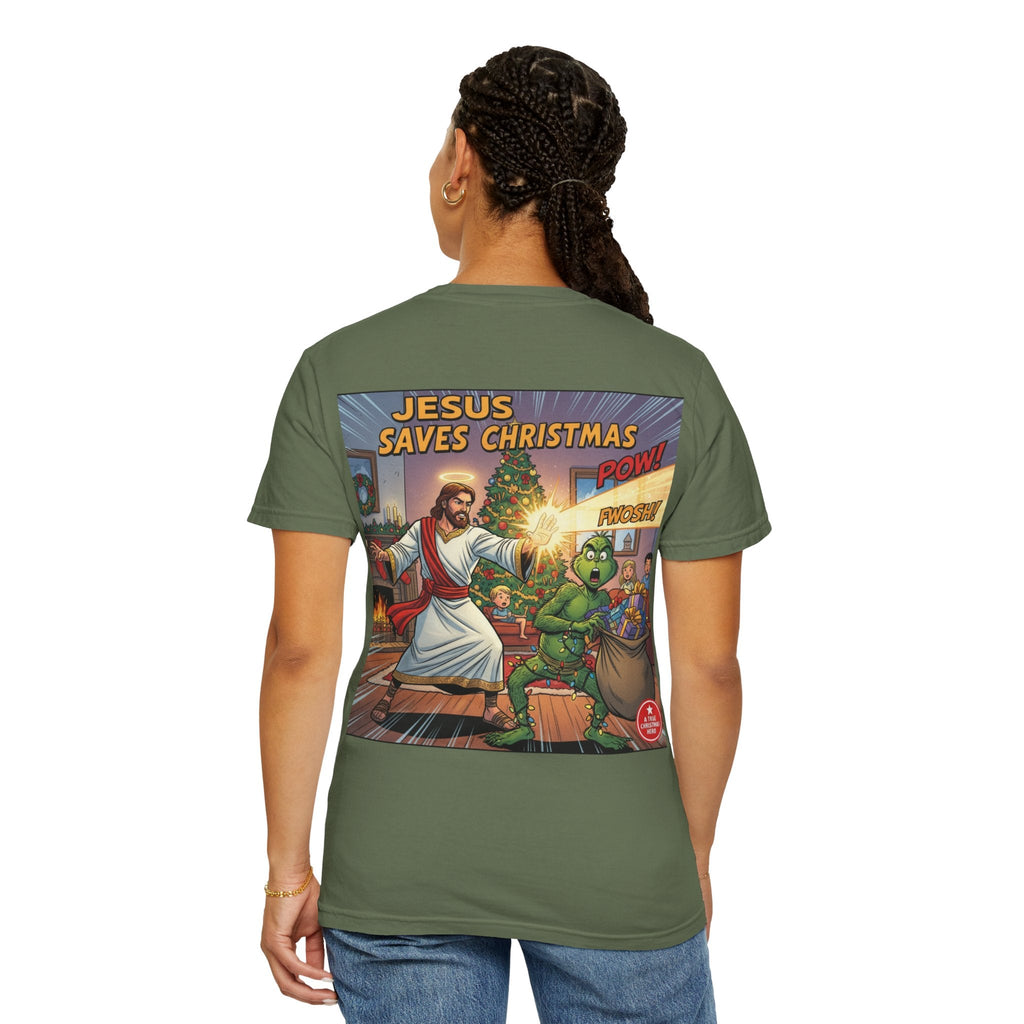 Jesus Saves Christmas T-shirt – Grinch vs Savior Light Battle Christian T-shirt for Hilarious Holiday Faith & True Joy Printify