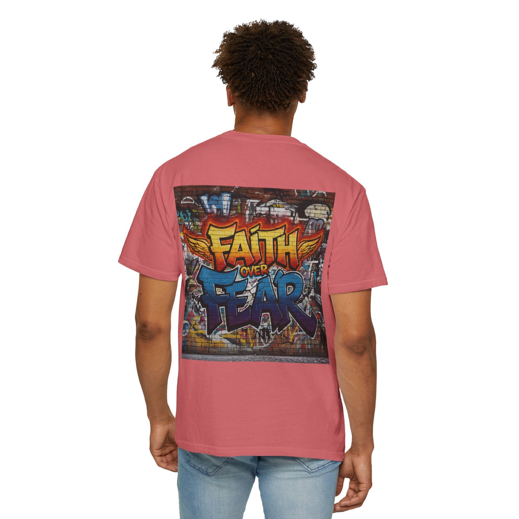 Faith Over Fear T-shirt – Graffiti Wall Christian T-shirt for Bold 2 Corinthians 5:7 Streetwear & Unshakable Faith Printify