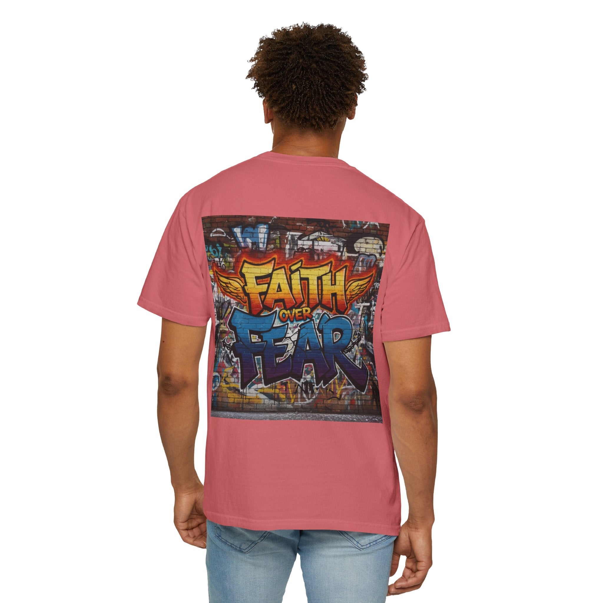 Faith Over Fear T-shirt – Graffiti Wall Christian T-shirt for Bold 2 Corinthians 5:7 Streetwear & Unshakable Faith Printify