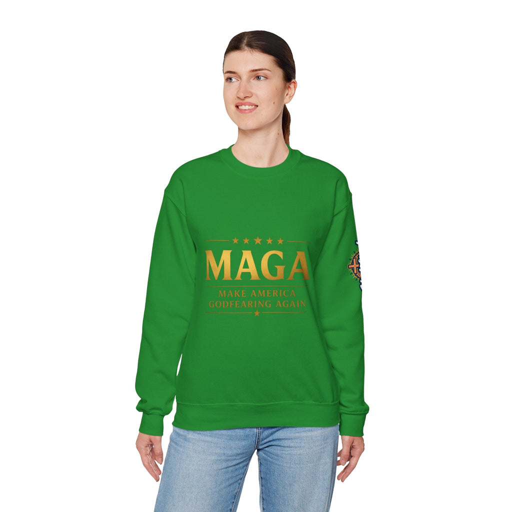 Sweatshirt — "MAGA Make America Godfearing Again" Gold Logo Crewneck Printify