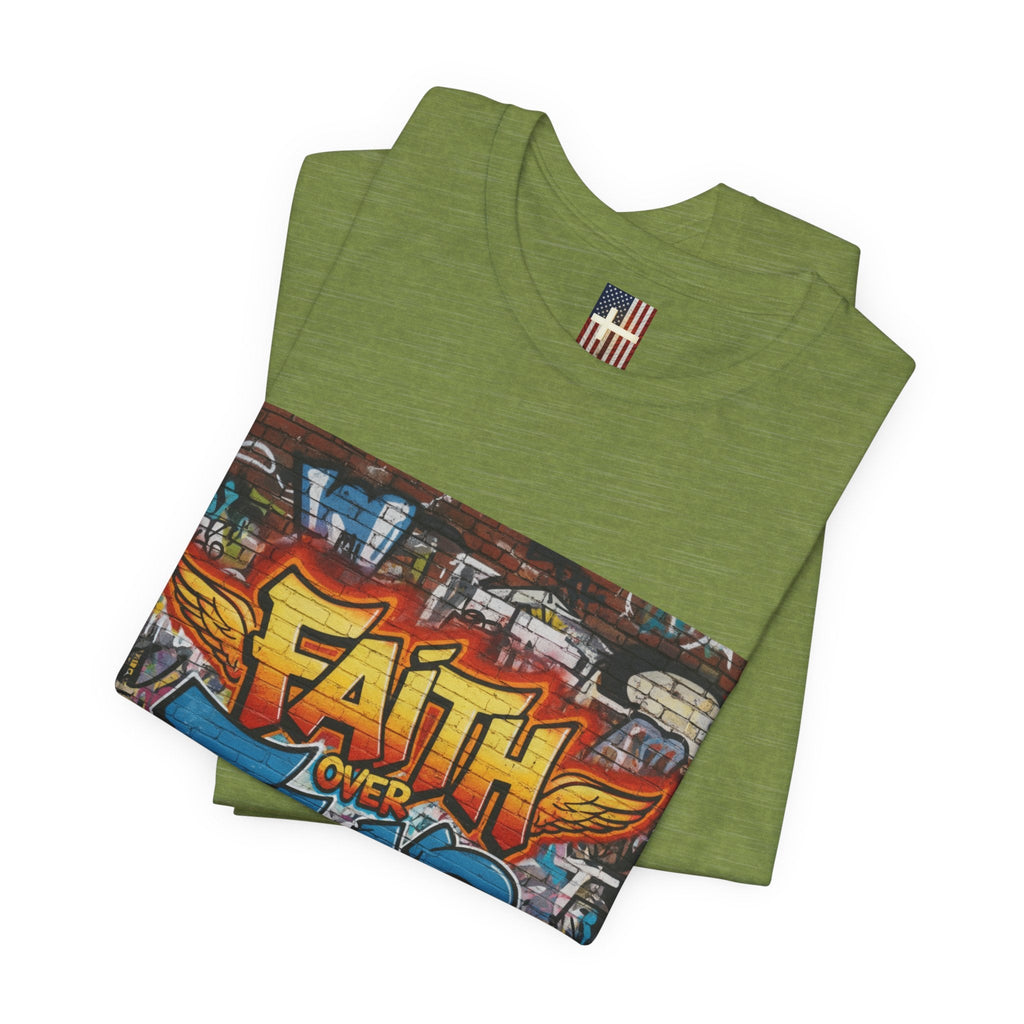 Faith Over Fear T-shirt – Graffiti Wall Christian T-shirt for Bold 2 Corinthians 5:7 Streetwear & Unshakable Faith Printify