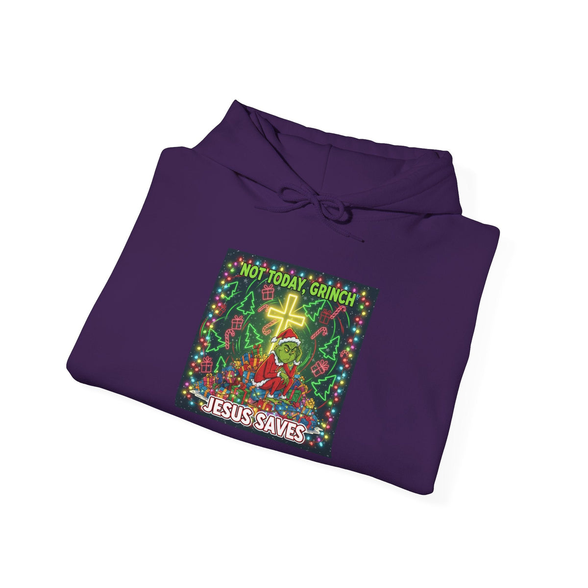🎄 Not Today, Grinch – Jesus Saves | Funny Christian Christmas Hoodie | Festive Green & Red Cartoon Style | Bold Faith Holiday Tee by Uplifted Gear Printify