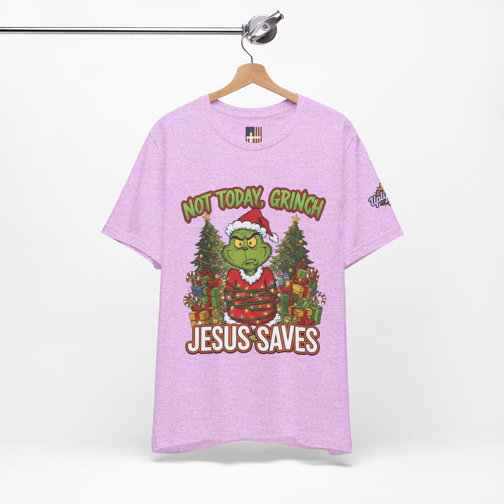 🎄 Not Today, Grinch – Jesus Saves | Funny Christian Christmas T-Shirt | Sulking Grinch & Glowing Cross | Bold Neon Faith Tee by Uplifted Gear Printify