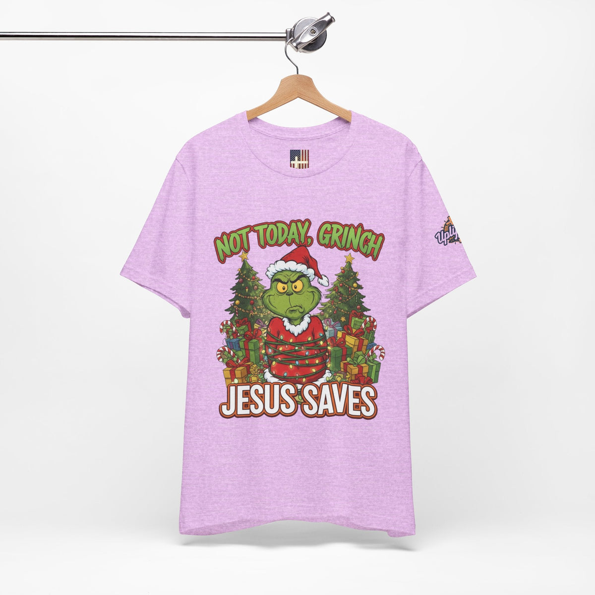 🎄 Not Today, Grinch – Jesus Saves | Funny Christian Christmas T-Shirt | Sulking Grinch & Glowing Cross | Bold Neon Faith Tee by Uplifted Gear Printify