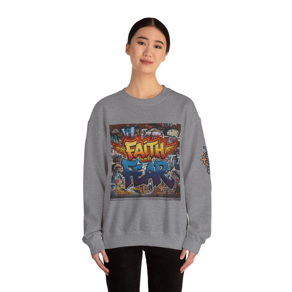 Faith Over Fear Sweatshirt – Graffiti Wall Christian Sweatshirt for Bold 2 Corinthians 5:7 Streetwear & Unshakable Faith Printify