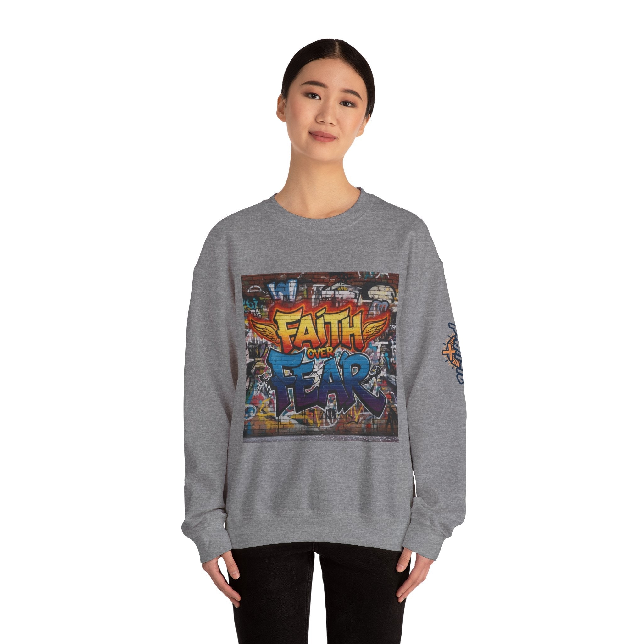 Faith Over Fear Sweatshirt – Graffiti Wall Christian Sweatshirt for Bold 2 Corinthians 5:7 Streetwear & Unshakable Faith Printify