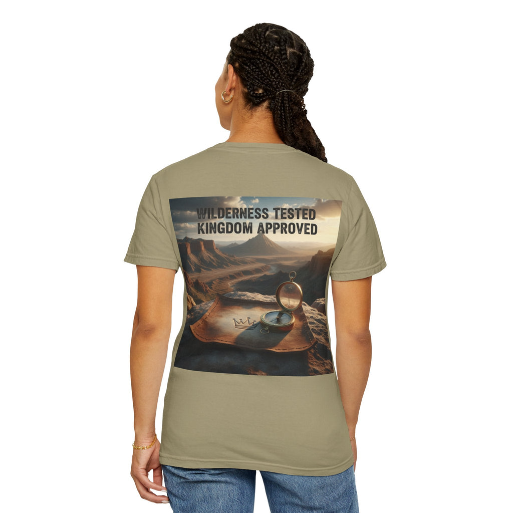Wilderness Tested Kingdom Approved T-shirt – Mountain Desert Compass Crown Christian T-shirt for Biblical Adventure Faith Printify