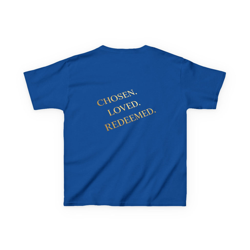 ✨ Chosen. Loved. Redeemed. – Elegant Christian Kids T-Shirt | Gold Foil Faith Tee | Subtle Cross & Heart Design | Inspirational Bible Verse Apparel by Uplifted Gear Printify