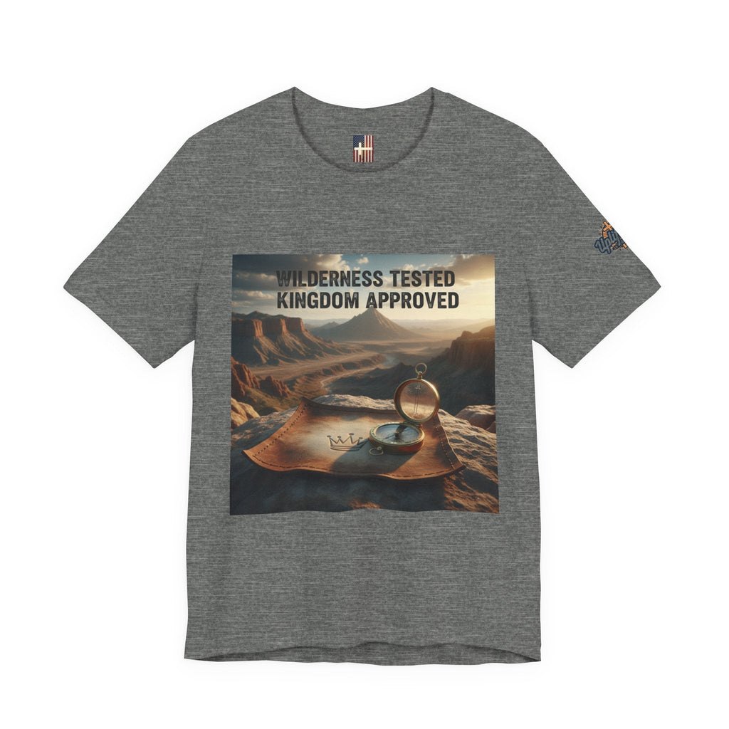 Wilderness Tested Kingdom Approved T-shirt – Mountain Desert Compass Crown Christian T-shirt for Biblical Adventure Faith Printify