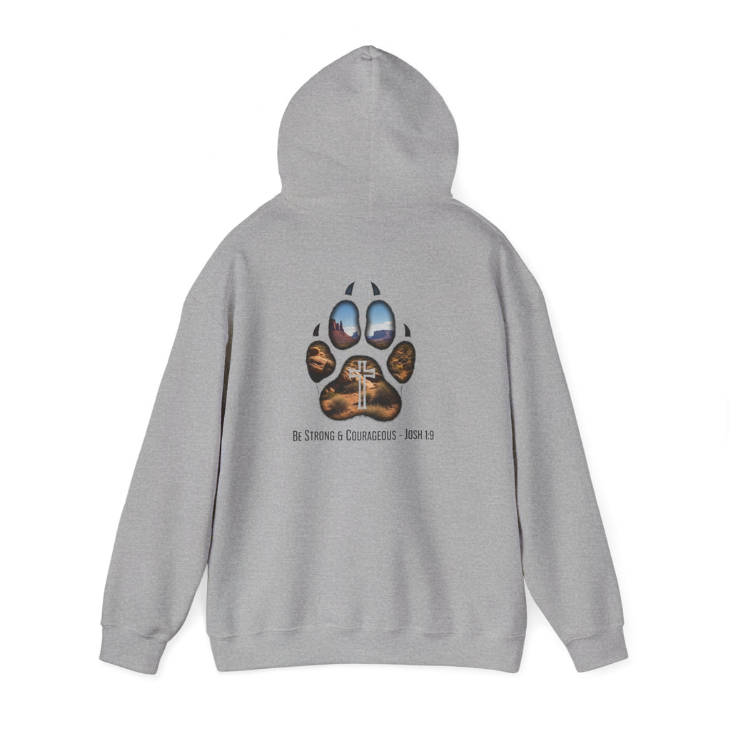 Strong and Courageous Hoodie – Joshua 1:9 Canine Pawprint Desert Christian Hoodie for Dog Lovers Printify