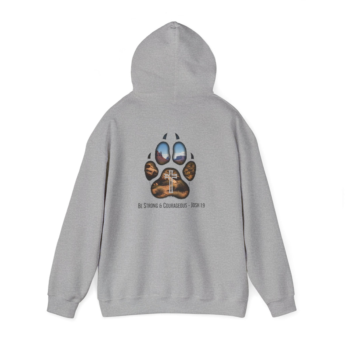 Strong and Courageous Hoodie – Joshua 1:9 Canine Pawprint Desert Christian Hoodie for Dog Lovers Printify
