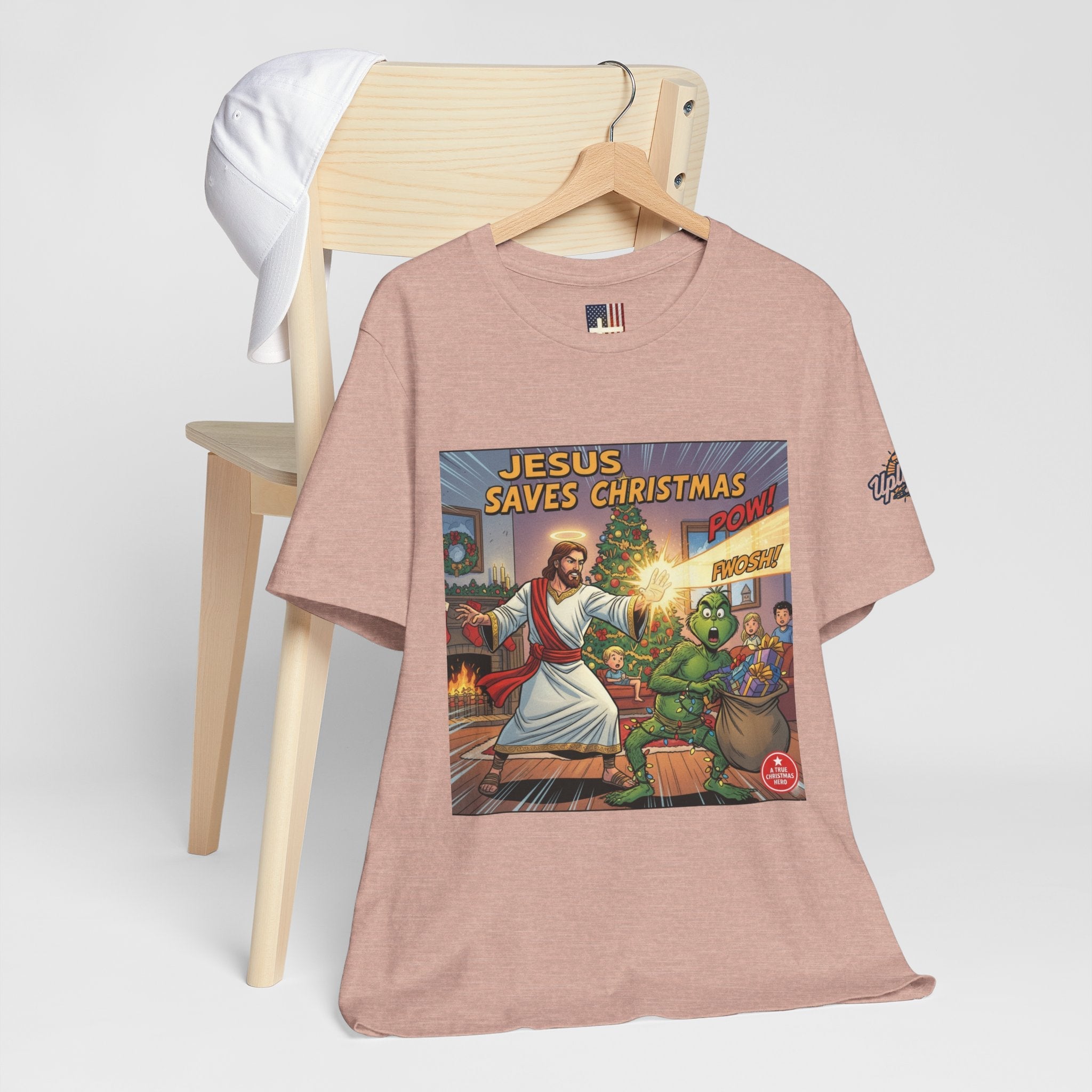 Jesus Saves Christmas T-shirt – Grinch vs Savior Light Battle Christian T-shirt for Hilarious Holiday Faith & True Joy Printify