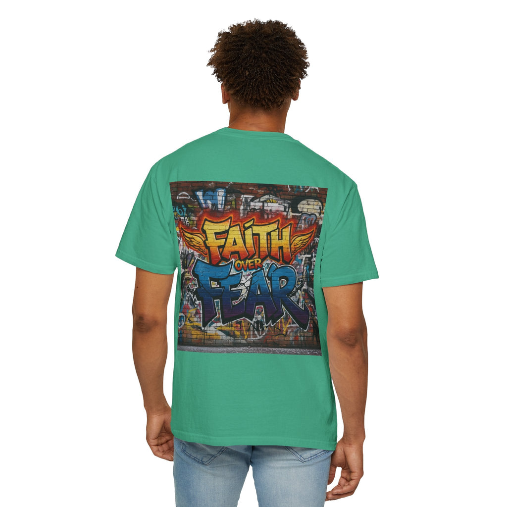 Faith Over Fear T-shirt – Graffiti Wall Christian T-shirt for Bold 2 Corinthians 5:7 Streetwear & Unshakable Faith Printify