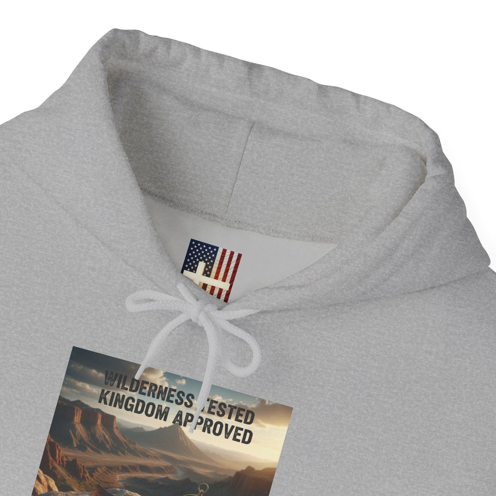 Wilderness Tested Kingdom Approved Hoodie – Mountain Desert Compass Crown Christian Sweatshirt for Biblical Adventure Faith Printify