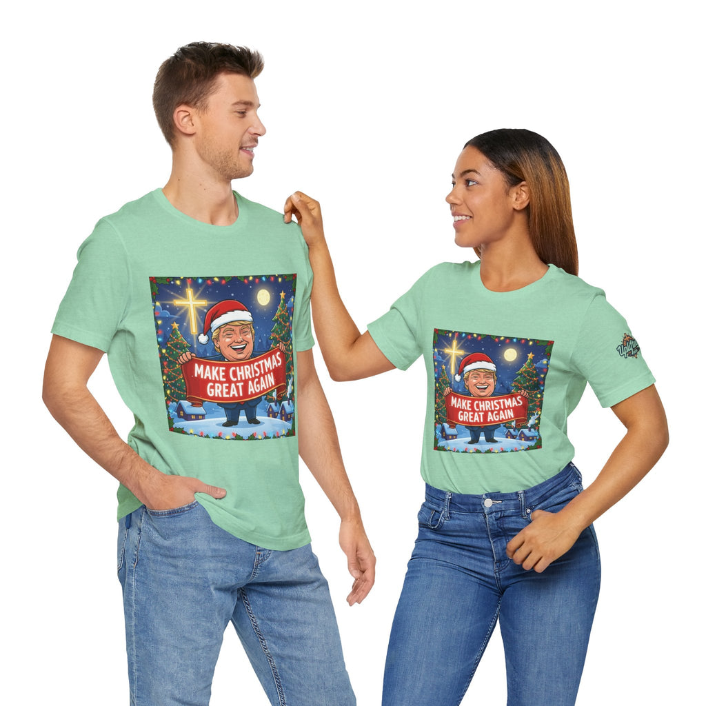 🎄 Make Christmas Great Again – Patriotic Christian Christmas T-Shirt | Bold Holiday Faith Tee | Red & White Banner Design | Uplifted Gear Printify
