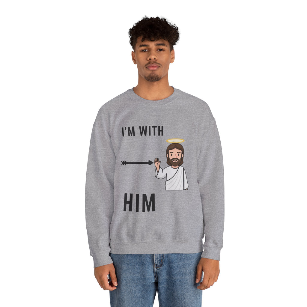 🔥 I’m With Him → Christian Sweatshirt | Arrow Pointing to Jesus | Minimalist Faith Tee | Subtle Cross Design | Bible-Inspired Apparel by Uplifted Gear Printify