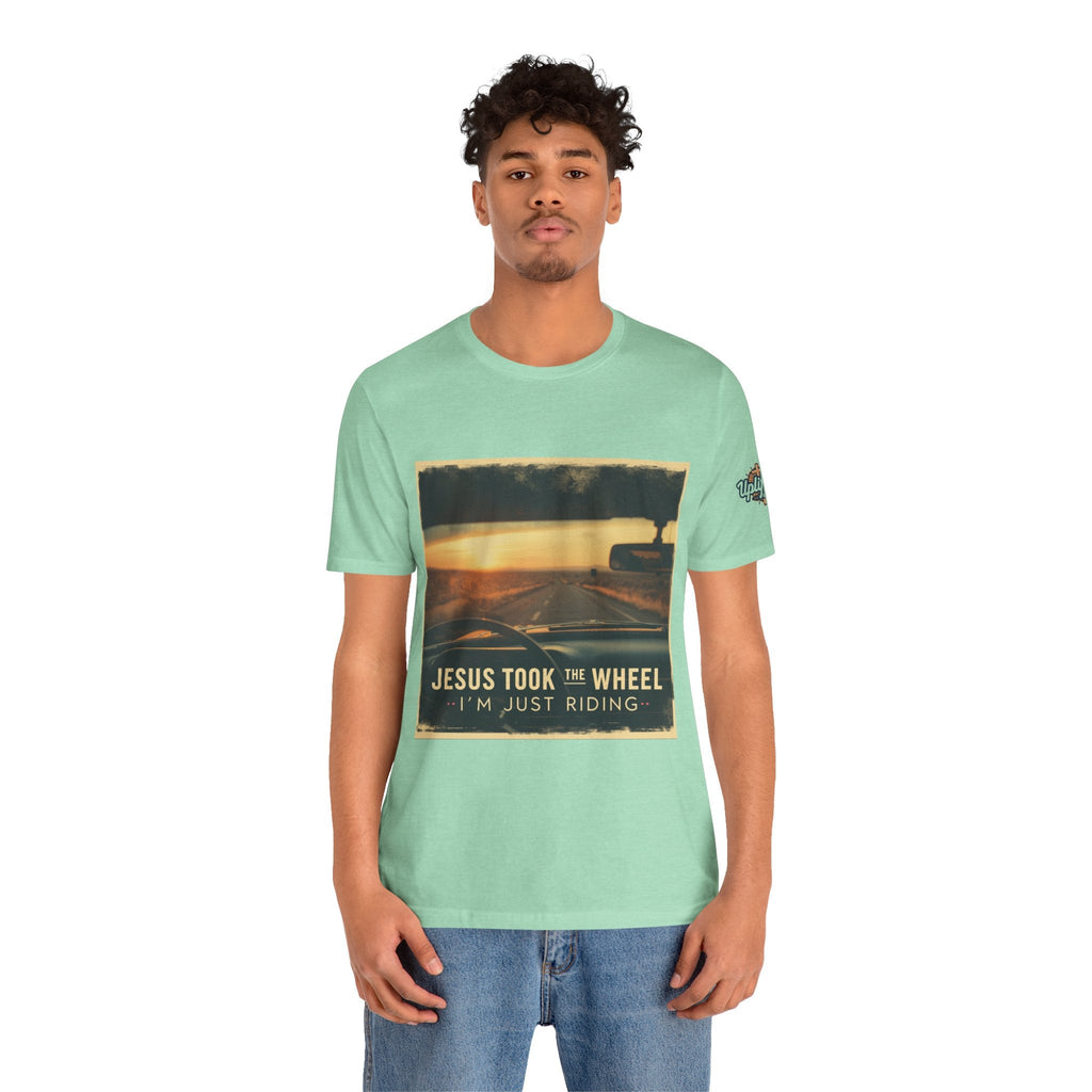 Jesus Took the Wheel I'm Just Riding T-shirt – Funny Christian Convertible Car T-shirt for Surrendered Faith & Humor Printify